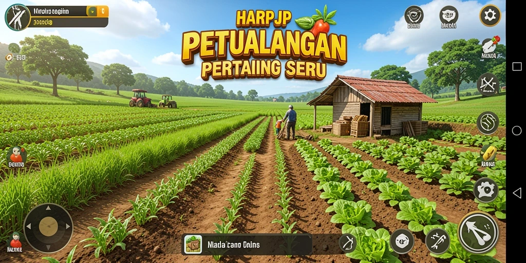 Screenshot gameplay HARAPJP yang menampilkan ladang subur dan hewan ternak.