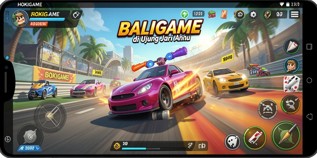 Screenshot utama HOKIGAME menampilkan aksi balapan yang intens.