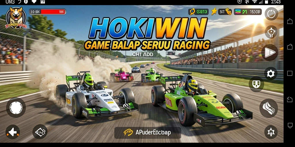 Screenshot gameplay HOKIWIN yang menampilkan balapan mendebarkan di lintasan.