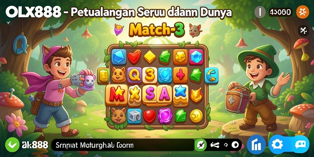 Screenshot dari gameplay seru di OLX888 dengan tantangan Match-3.