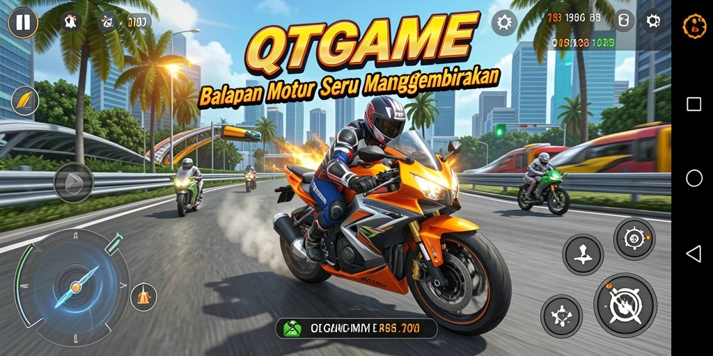 Screenshot QTGAME menampilkan intensitas balapan motor yang seru